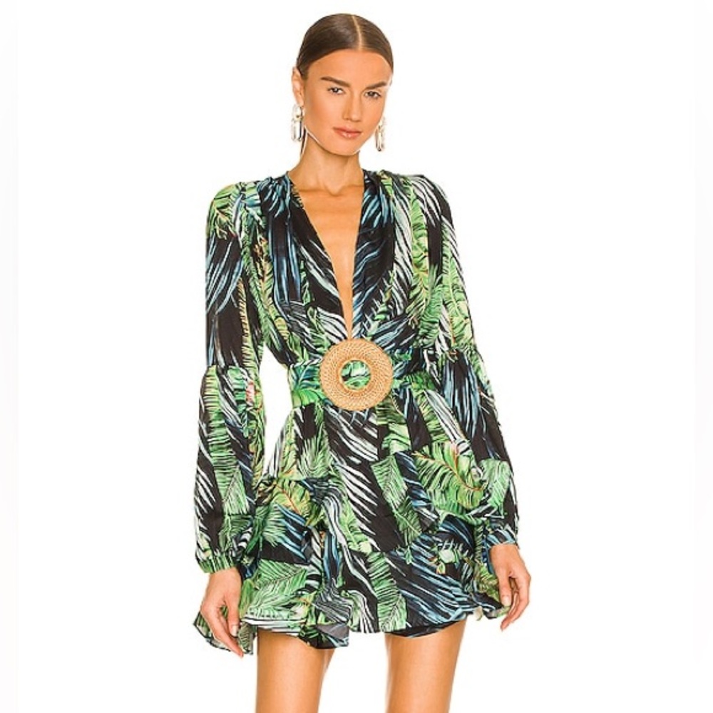 Bronx and Banco Leaf Print Green Mini Dress